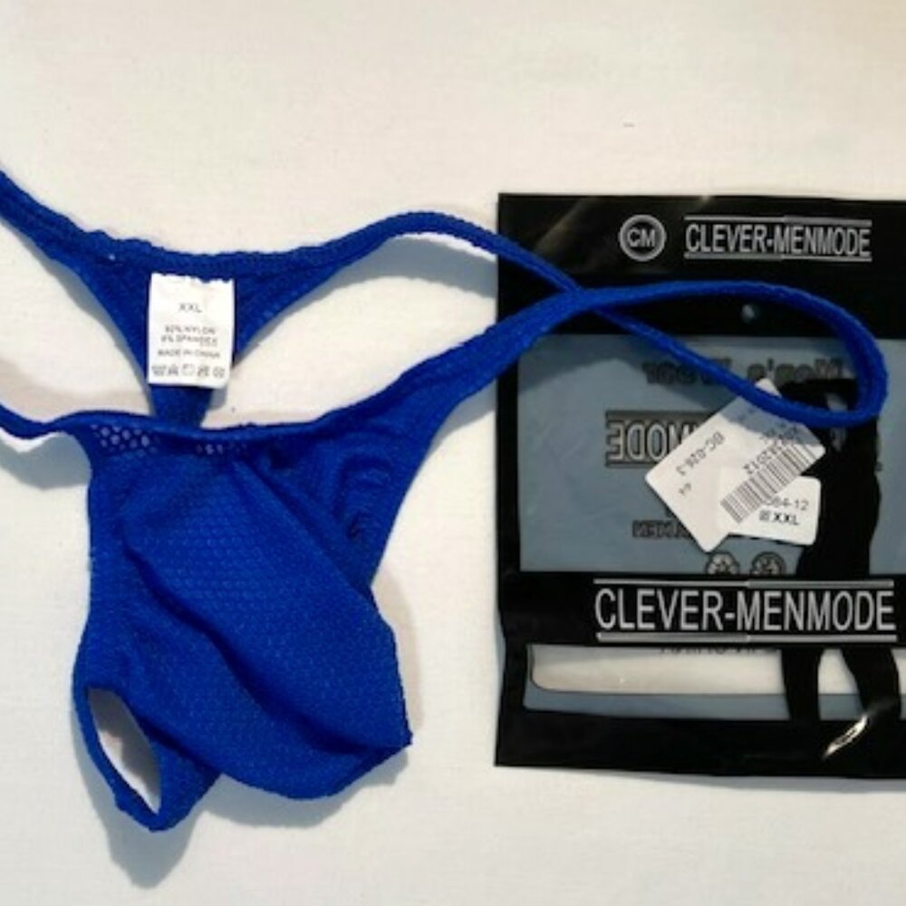 Men's  Waffled See-Through "T-Back" Thong - Blue - Pouch - Picture 4 of 11